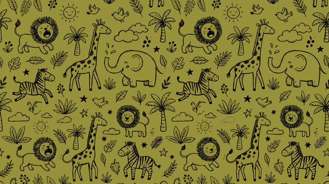 A vibrant Hand drawn pattern featuring various animals and plants in a jungle setting with a whimsical illustrations style.