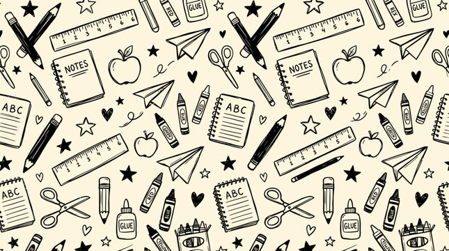 Hand drawn pattern of school supplies and stationery on a cream background