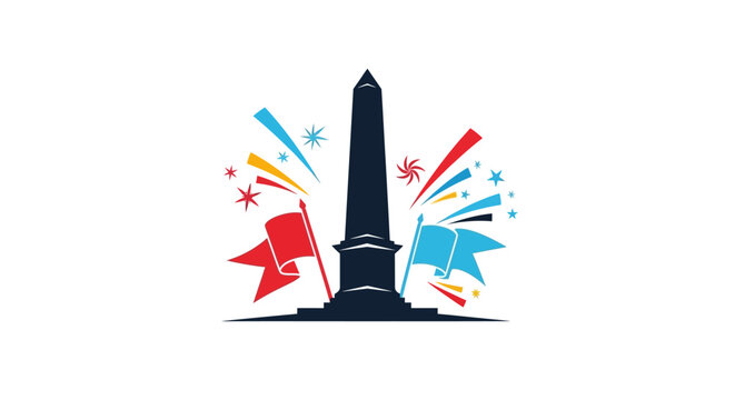 Illustration of a central obelisk monument with flags and colorful fireworks celebration.