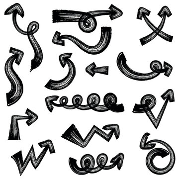 An artistic collection of 14 unique hand-drawn vector arrows featuring a realistic flat brush or parallel pen texture with fine inner lines. This dynamic grunge set showcases bold black pointers shape