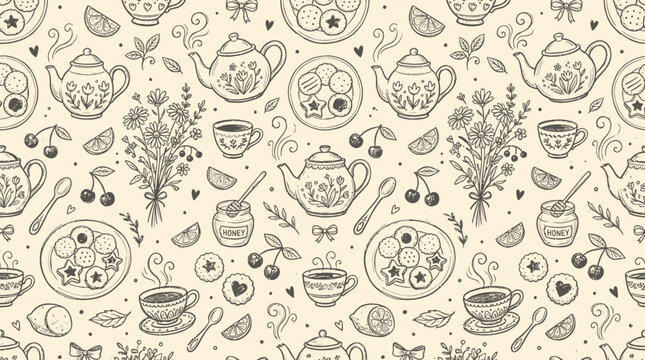 Hand drawn pattern of tea utensils and plants on a decorative background