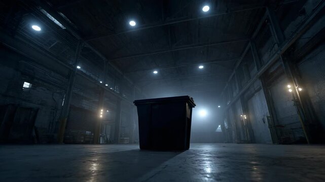 Black trash bin in a dark industrial warehouse