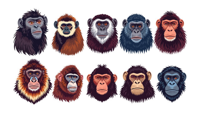 Primate Portraits: A captivating collection of ten diverse primate portraits, showcasing a variety of expressions and fur textures, offering a glimpse into the fascinating world of monkeys and apes.