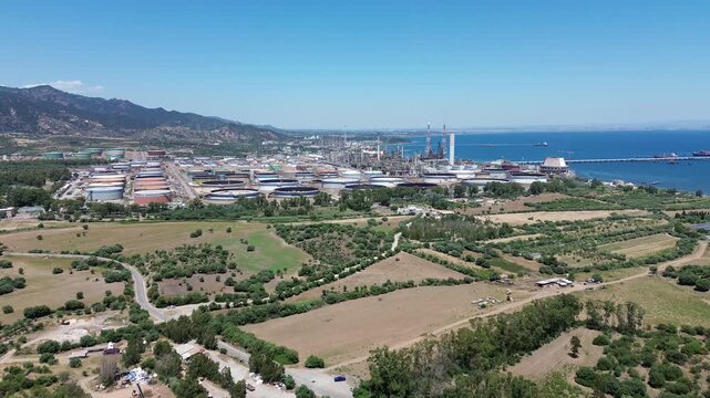 Drone Panorama of Saras Refinery Complex in Sarroch South Sardinia