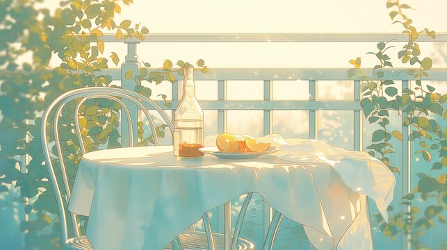 夕日が差し込むテラスのテーブル