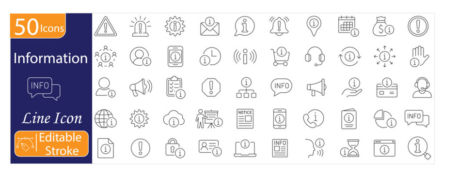 Information and Data Line Icons Set. Includes icons for info, help, details, support, documentation, alerts, knowledge, and user guidance. Editable stroke. Line vector icons.
