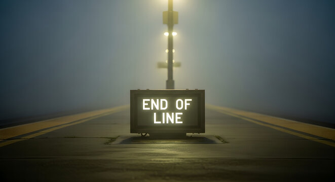End of line illuminated digital display on dark misty train platform