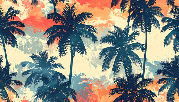 tropical palm tree silhouette pattern with watercolor splashes in warm sunset colors