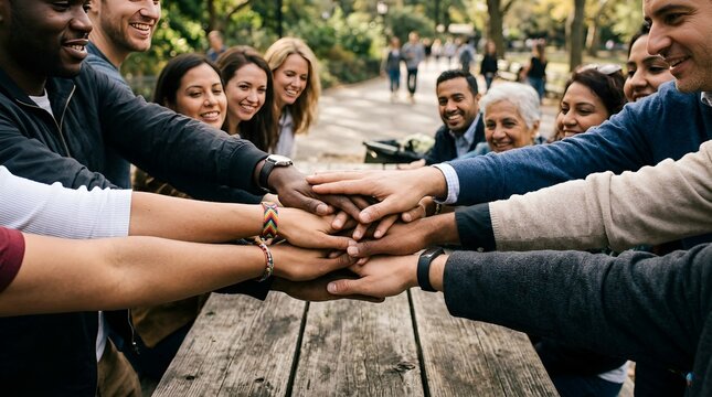 Diverse group of friends stacking hands in park, unity and teamwork concept