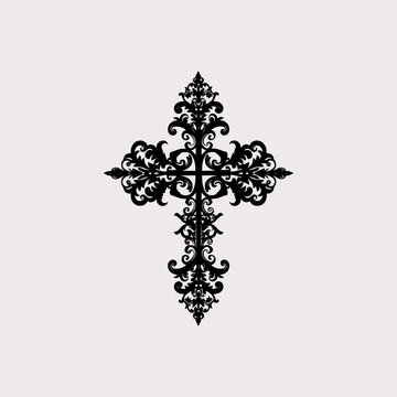 Ornate gothic crucifix cross silhouette ornament in black and white
