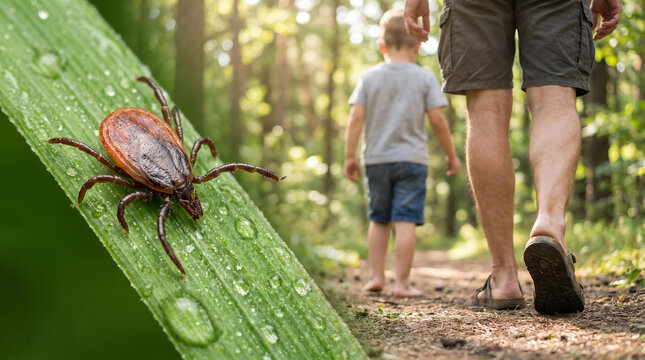 AI  image of  Hidden threat in nature: Macro view of a tick sitting on a grass blade waiting for a father and barefoot child walking in the forest. Lyme disease and encephalitis risk concept