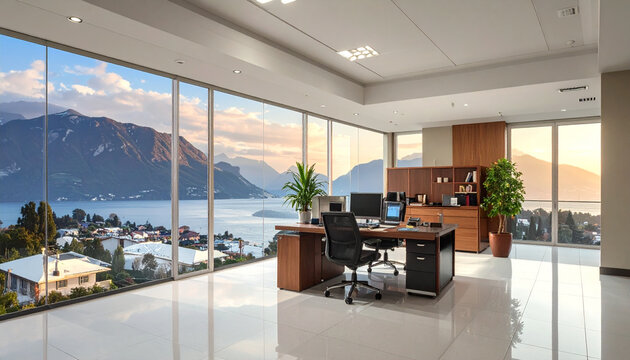 Modern office interior with scenic view