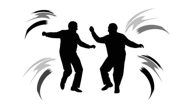 Silhouette illustration of two happy elderly men dancing together.