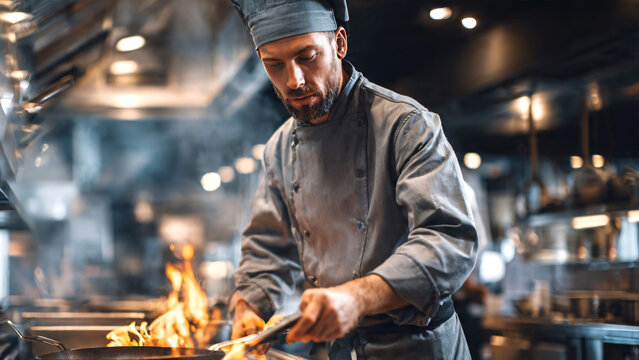 Young head chef cooking in a luxury hotel kitchen, focused expression while preparing gourmet dishes over a stainless-steel stove, cooking deep fryers in a kitchen fire.