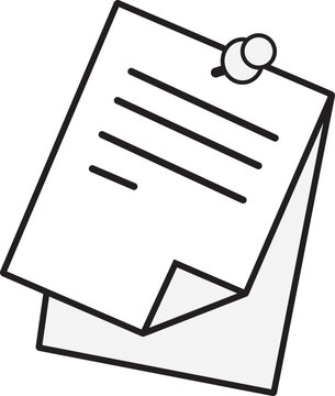 Office note paper with push pin outline vector icon, memorandum sheet line art illustration isolated on white background.