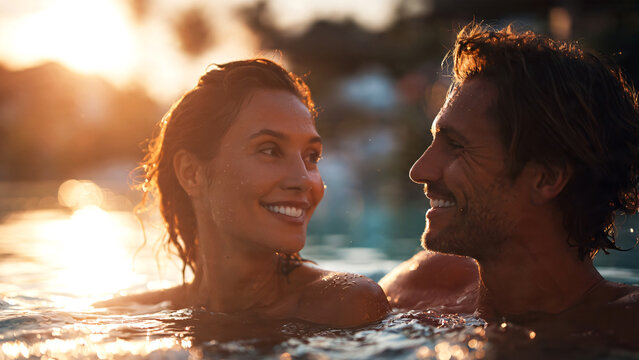 Smiling couple relaxing together in a luxury resort swimming pool during sunset, tropical vacation atmosphere with palm trees and elegant resort architecture in background.