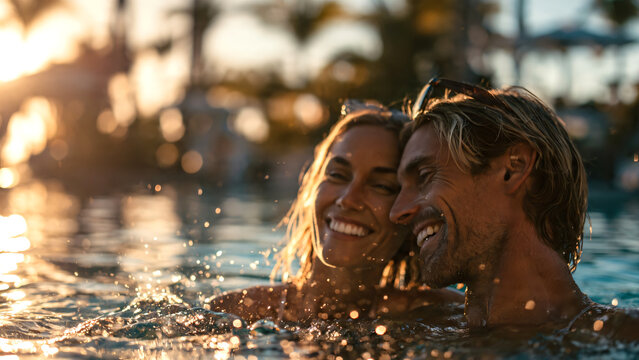 Smiling couple relaxing together in a luxury resort swimming pool during sunset, tropical vacation atmosphere with palm trees and elegant resort architecture in background.