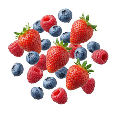 Obraz premium Fresh strawberries and blueberries floating isolated on transparent background