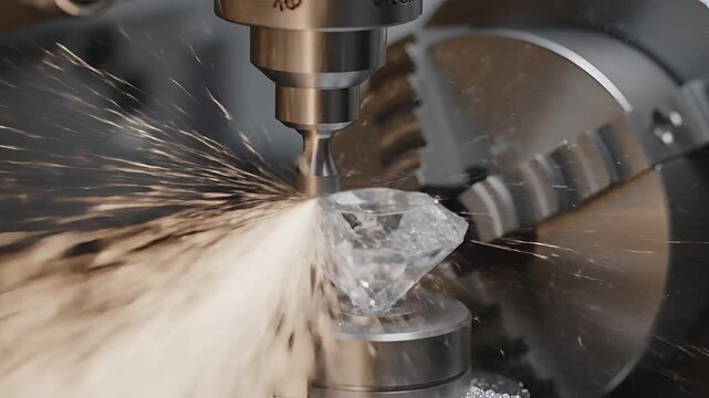 Precision Diamond Cutting Machine Sparks Fly During Industrial Process.