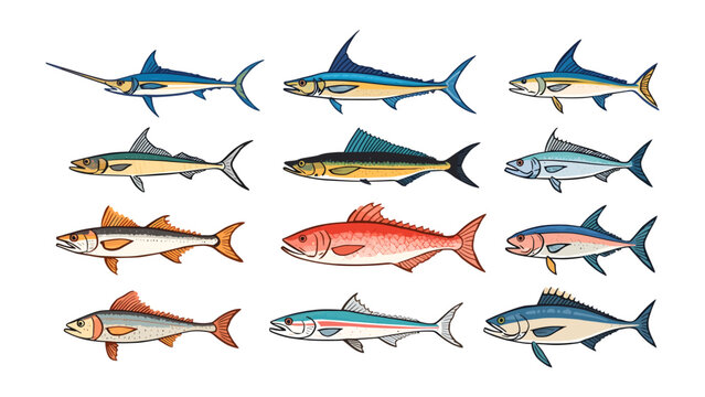 Collection of Ocean Fish: An artistic illustration showcasing a variety of ocean-dwelling fish species, from the sleek marlin to the vibrant tuna, presented in a clear grid format.