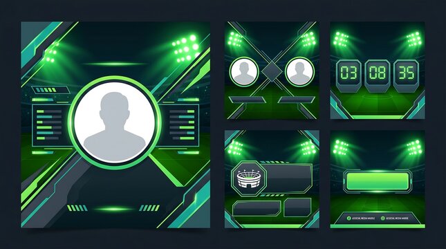 Set of sports social media post templates with futuristic neon green stadium background and digital scoreboard elements for football or esports tournament