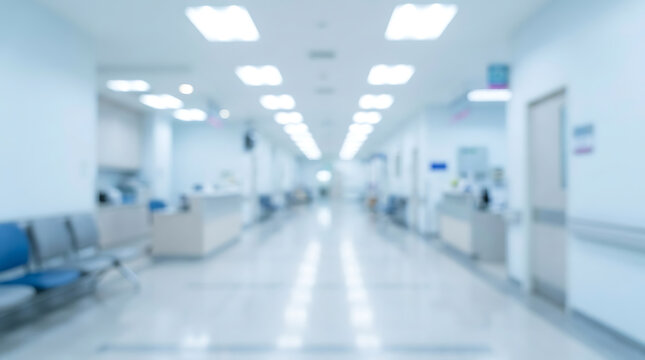 Blurred view of a clean and bright hospital corridor with empty chairs and reception desks