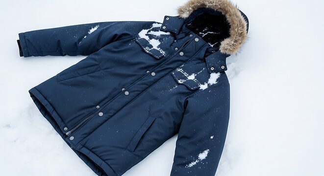 Navy blue winter parka with fur hood lying on snow