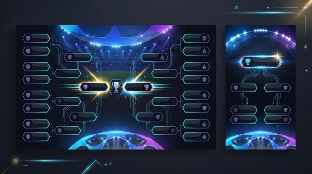 Esports tournament bracket template with glowing neon stadium background, futuristic competition chart for gaming championship, empty slots for teams, vector illustration