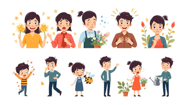 Allergy Expressions: A collection of illustrated characters displaying various reactions to allergies, from sneezing and watery eyes to happiness with flowers and buzzing bees.