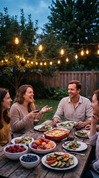 Friends Sharing Colorful Salad at Cozy Backyard Dinner Party