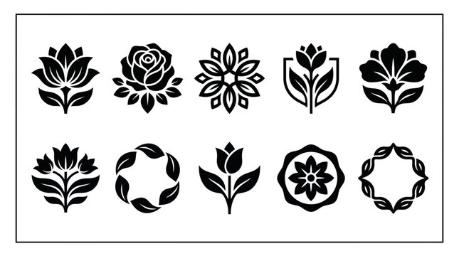 Black floral icons on for design and decoration purposes