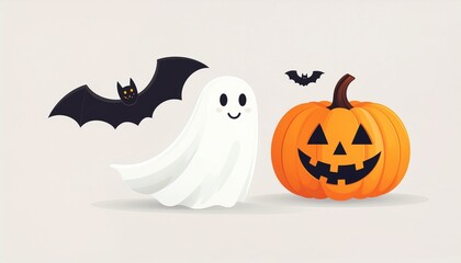 Fototapeta premium Minimalist vector illustration of a Halloween event featuring simplified jack o lantern pumpkin ghost and bat for spooky holiday party posters and card designs