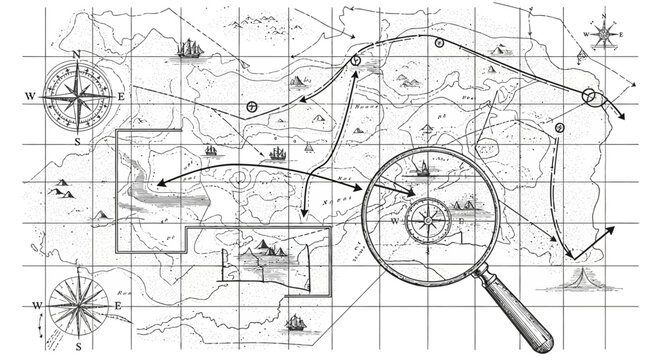 Vintage nautical map with magnifying glass and navigation tools.