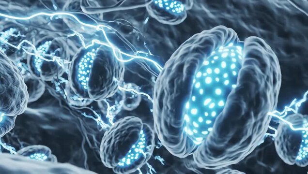Mitochondria generating glowing cellular energy inside a transparent human cell, subtle electric pulses flowing through organic structures