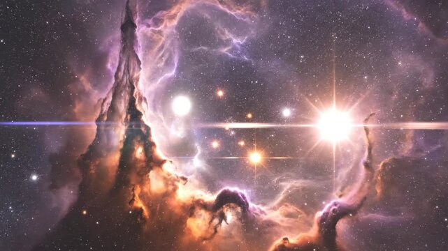 Deep space flight past glowing stellar nebula with bright stars and cosmic dust
