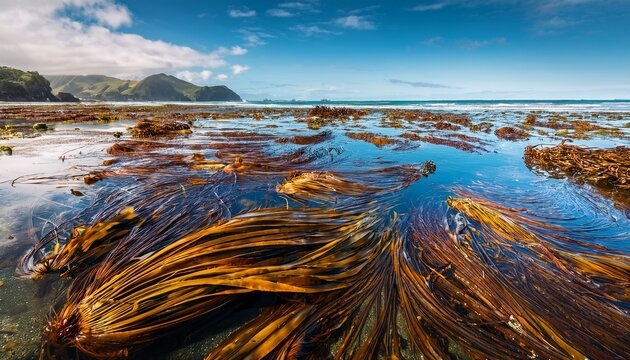 entangled brown kelp fronds in a shallow cloudy bay location leigh new zealand