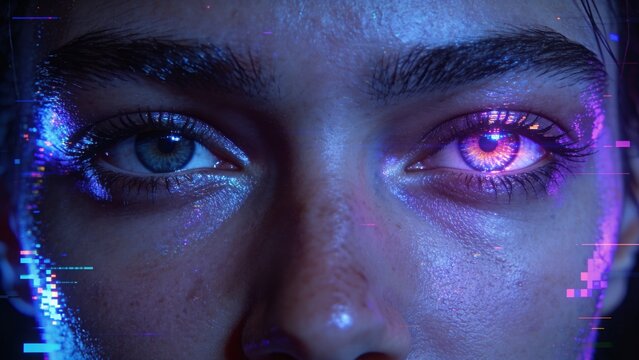 Woman with digital glitch effect on face and glowing cybernetic eye. Future technology, artificial intelligence, and virtual reality concept. Augmented reality interface and data scanning.