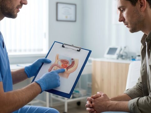 A urologist explains prostatitis to a man on a clipboard