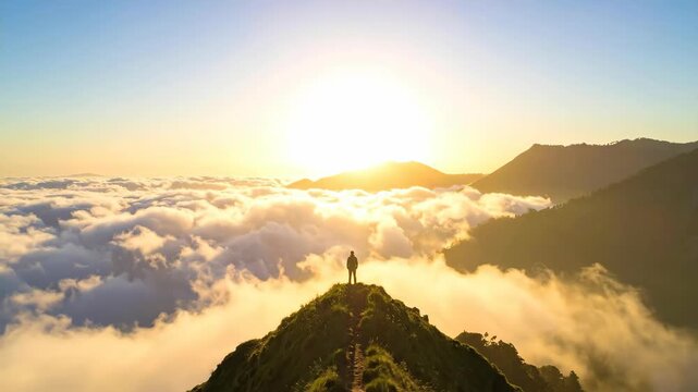 Person Standing on Mountain Peak During Sunrise Over Clouds.