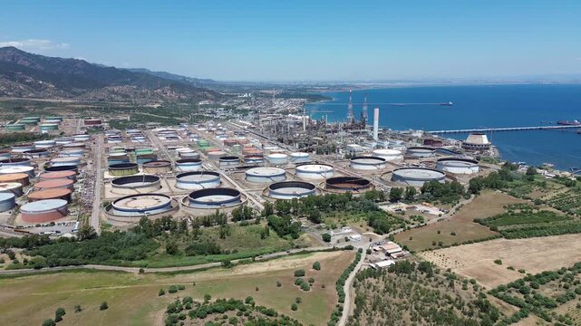 Drone Panorama of Saras Refinery Complex in Sarroch South Sardinia