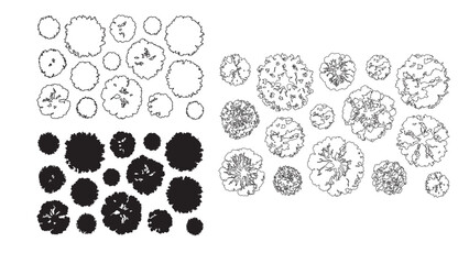 Landscaping architectural elements featuring tree top view sketches and silhouettes. © Sara Studio