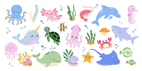 Cute sea creatures and marine animals set. Kawaii ocean life elements isolated on white background. Aquarium and underwater characters for kids design © Tetianka