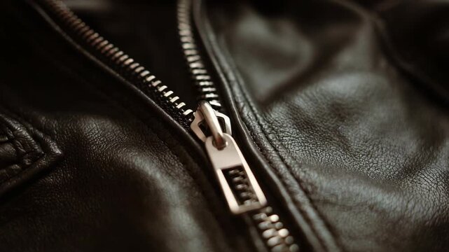 Opening metal zipper on black leather jacket