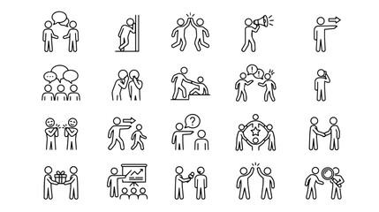 Fototapeta premium People Communication and Business Interaction Stick Figure Line Icons Vector Set
