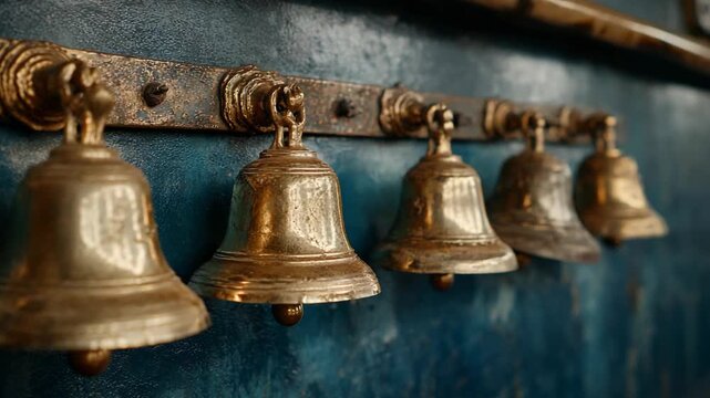 Panning shot of brass bells on a blue wall