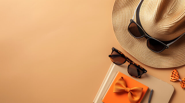 Flat lay men fashion with straw hat sunglasses and orange notebook