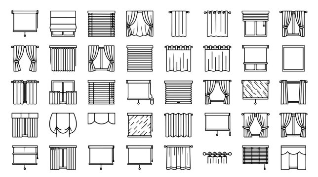 Window curtains and blinds vector line icons set. Minimalist linear collection of drapes, roller shades, shutters, and interior window treatments.