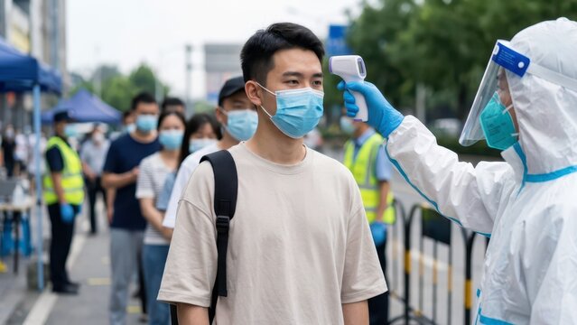 Public health worker checking body temperature during Ebola outbreak screening with infrared thermometer and protective equipment outdoors