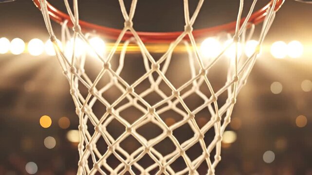 Slow motion shot of basketball falling through white net backlit by volumetric golden stadium spotlights