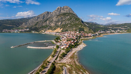 Fototapeta premium aerial drone historic old town port and harbor bay of Antalya city. Cityscape and urban resort lifestyle in Turkey